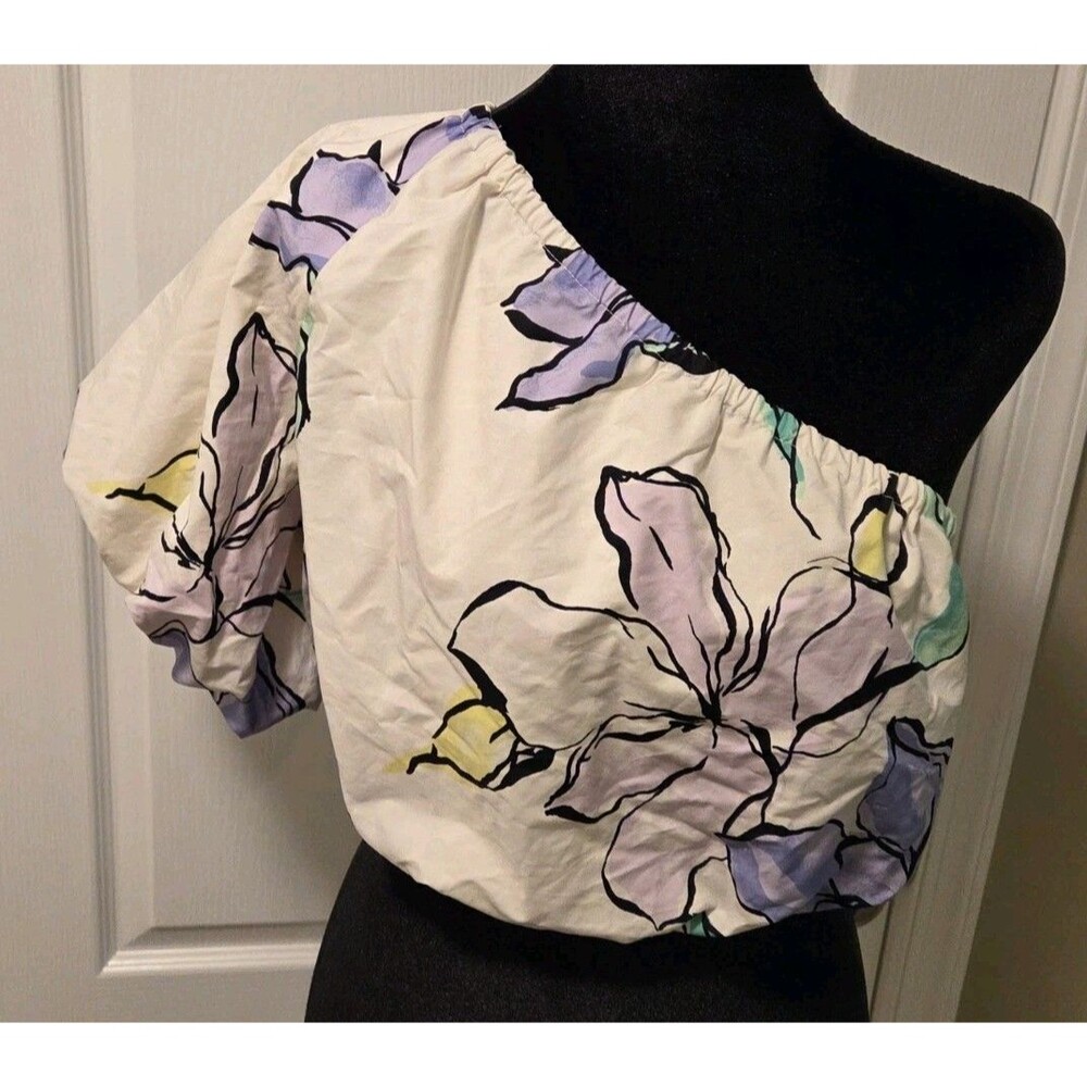 A New Day Womens One Shoulder Floral Puff Short Sleeve Crop Blouse - Size M